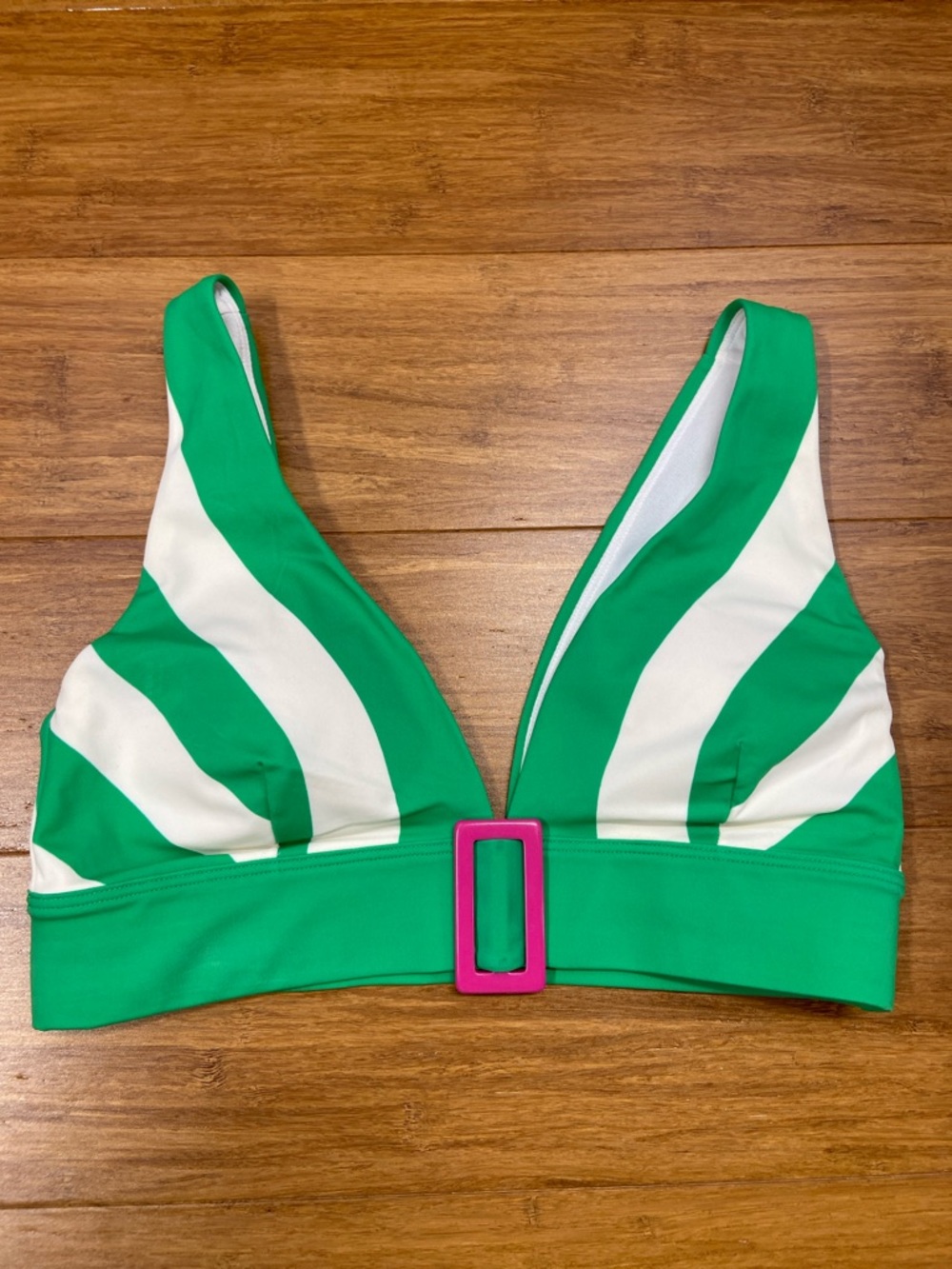 Boden Green & White Striped Bikini Top with Pink Resin Buckle